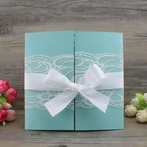 Gate Fold Lace Invitation Card with Ribbon Bow Marriage Invitation Customized